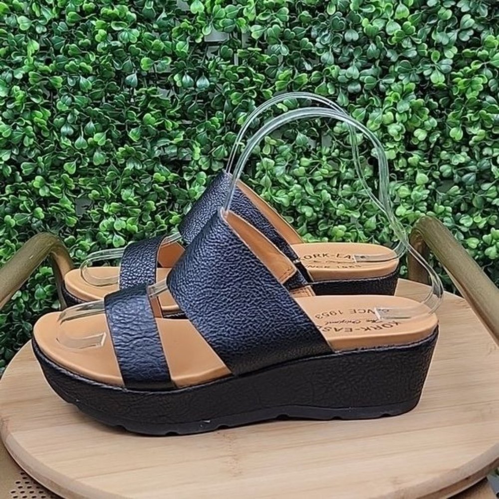 Kork-Ease Womens Kane Leather Open Toe Double Strap Slide Sandals Black Size 6